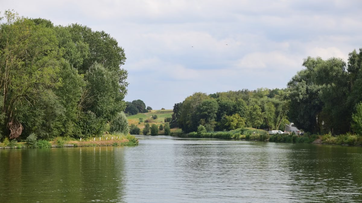 Calm river surrounded by lush greenery and hills under a cloudy sky in a tranquil setting.